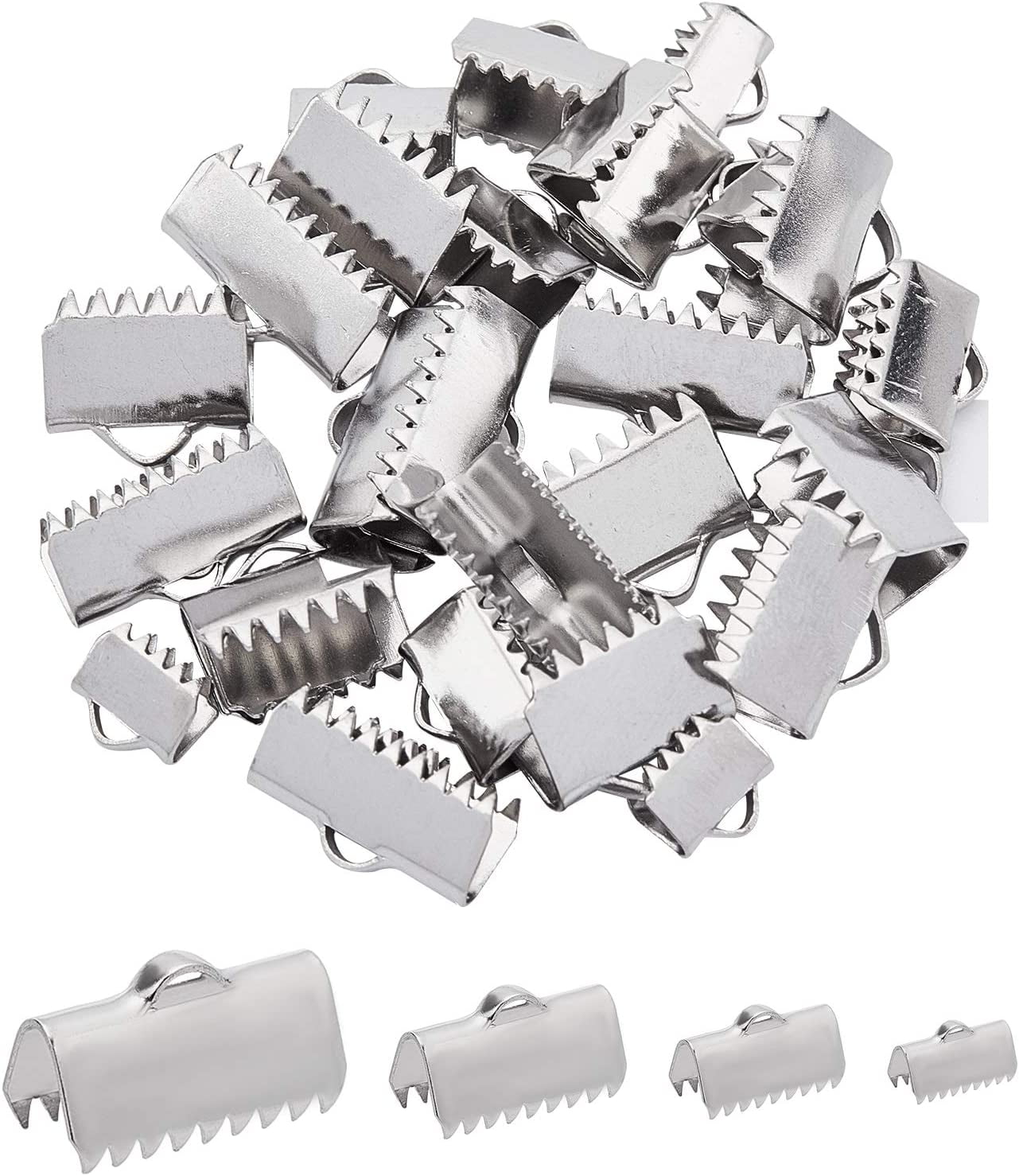 4 Sizes 40pcs Rectangle Ribbon Ends Stainless Steel Ribbon Clamp Crimps with Loop Ribbon Ends Fastener Clasp Leather Crimp Ends Stainless Steel Color DIY Walmart