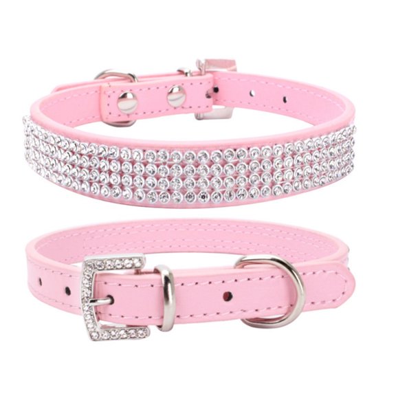 4 Sizes Bling 3-Row Rhinestone Pet Collar, Soft PU Leather Adjustable Crystal Studded Dog Cat Collar with Metal D-Ring Buckle for Small Medium Large Pets,Pink,XS