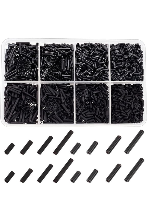 4 Sizes Glass Bugle Beads 1980 Pcs Opaque Frosted Black Charms Small Craft Beads with Hole Long Tube Seeds Beads