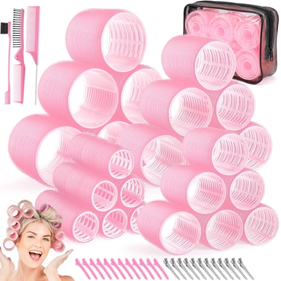 4 Sizes Hair Rollers for Women, Hair Curlers with Clips Comb Curlers for Long Short Curly Hair and Bangs (25, 36, 48, 60mm), Pink Gifts