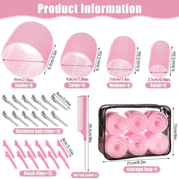4 Sizes Self-Grip Hair Rollers Set for Long, Short Hair and Bangs - 50 Pcs with Clips (25mm, 36mm, 48mm, 60mm), Pink
