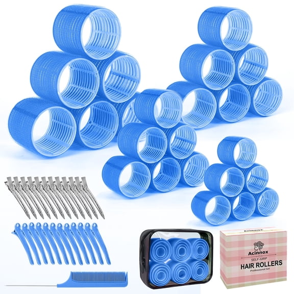4 Sizes Self-Grip Hair Rollers Set with Clips - 4 Sizes for Long, Short Hair & Bangs (25mm, 36mm, 48mm, 60mm), (BLUE, 4 Sizes)