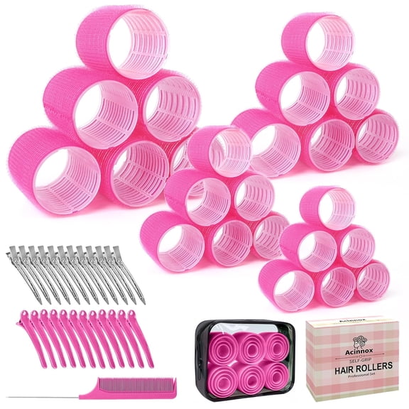 4 Sizes Self-Grip Hair Rollers Set with Clips - 4 Sizes for Long, Short Hair & Bangs (25mm, 36mm, 48mm, 60mm),(Rose Red, 4 Sizes)