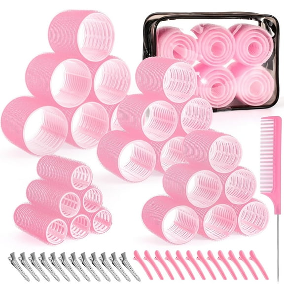 4 Sizes Self-Grip Set for Long, Short Hair an Bangs - 50 Pcs with Clips (25mm, 36mm, 48mm, 60mm), Pink