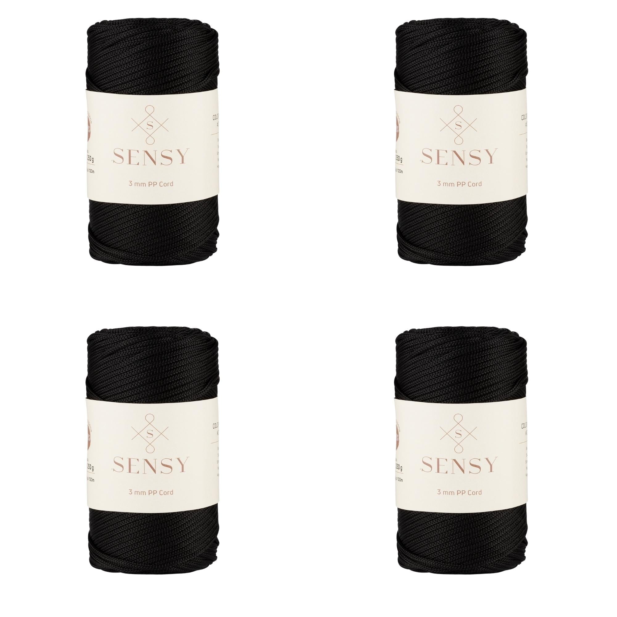 4 Skeins of Sensy Premium 3mm 131 Yards Polyester Rope 100% Polypropylene Cord Macrame Cord 3mm Crochet Bag Cord Macrame Rope Crochet Thread Gift for Knitter (Black)