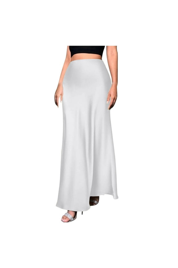 4 Women Long Skirt Solid Color Satin Zipper Elegant Summer Skirts Womens Fashion Solid Color A Character Satin Fabric Invisible Zipper Half Length Skirt