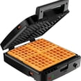 thumbnail image 1 of 4-Slice Belgian Waffle Maker: Stainless Steel, 5 Browning Levels, Audible Ready Beep, Removable Plates, 1200W, Silver/Black, Large Waffle Maker Family Size, Great for Family Breakfasts, 1 of 6