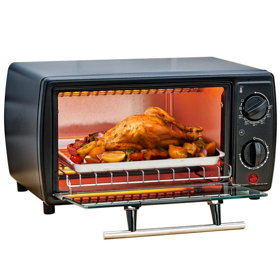 4-Slice Compact Countertop Toaster Oven - with 60-Minute Timer, Slide Out Rack, Bake Tray (Black)