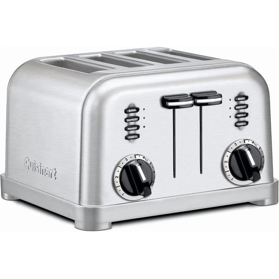 4 Slice Compact Stainless Steel Toaster with Extra-Wide Slots for Bread, French Toast, Bagels & Pastries, Defrost & Reheat Functions, CPT-180P1, Brushed Stainless, Removable Crumb Tray