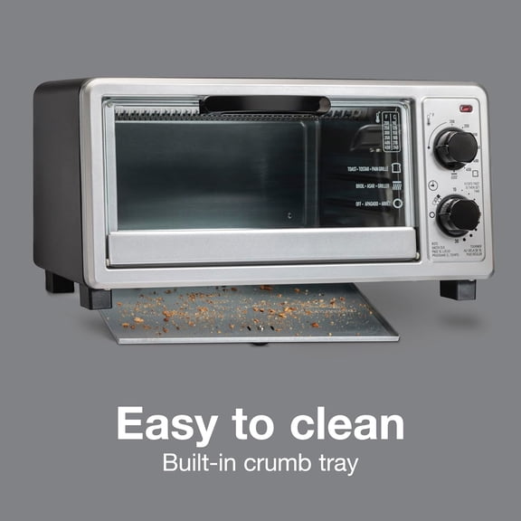 4 Slice Countertop Toaster Oven, Multi-Function with Bake, Toast and Broiler, 1100 Watts, 30 min timer and auto-shutoff, Includes Backing Pan and Rack, Black and Silver