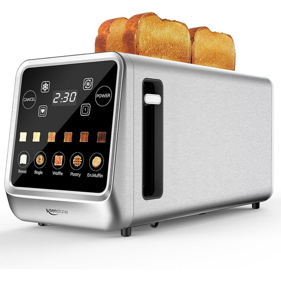 4 Slice Digital Smart Toaster with TouchScreen Memory Function Single Slot Toasting Timer Reheat & Defrost for Bagels Bread Waffles Muffin Stainless Steel Kitchen Essentials