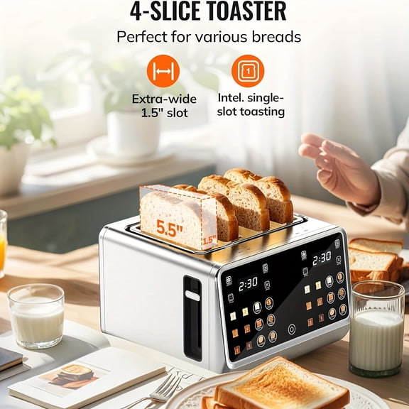Digital Smart Toaster with Touchscreen, Dual Control Panel, Single Slot Toasting, Timer, Reheat and Defrost Functions for Bagels, Bread, and Waffles, Stainless Steel Kitchen Appliance