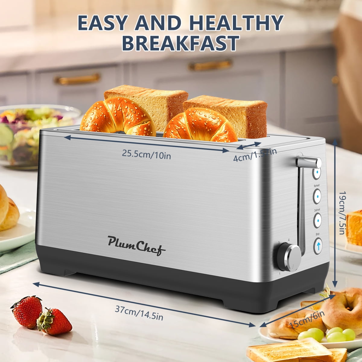4-Slice Extra Wide Long Slot Stainless Steel Toaster - 1500W Warming Rack 6 Browning Settings & Bagel/Defrost/Reheat (Removable Crumb Tray)