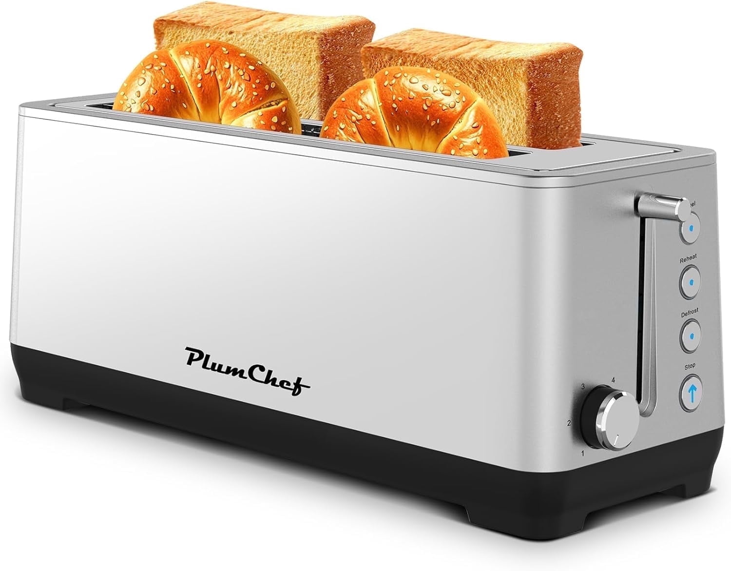 4-Slice Extra Wide Long Slot Toaster (Silver, 1350W) - Stainless Steel, Removable Crumb Tray, 6 Browning Settings & Bagel/Defrost/Reheat Functions