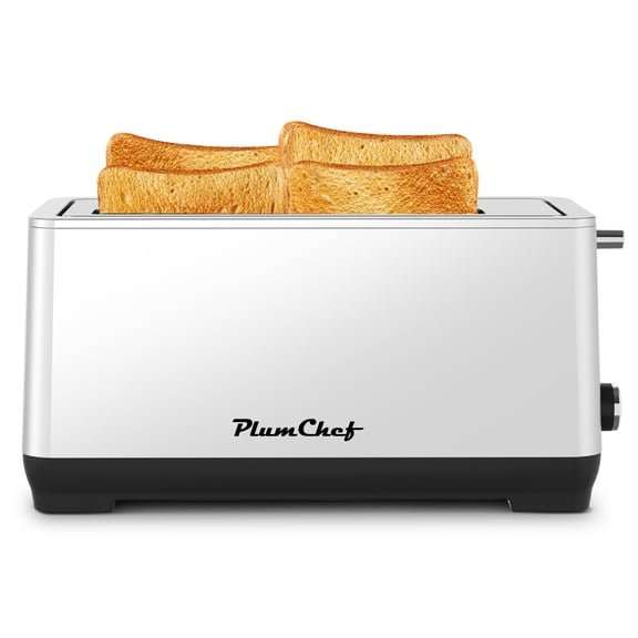 4-Slice Extra Wide Long Slot Toaster (Silver, 1500W) - Stainless Steel with Warming Rack, Removable Crumb Tray, 6 Browning Settings & Bagel/Defrost/Reheat Functions
