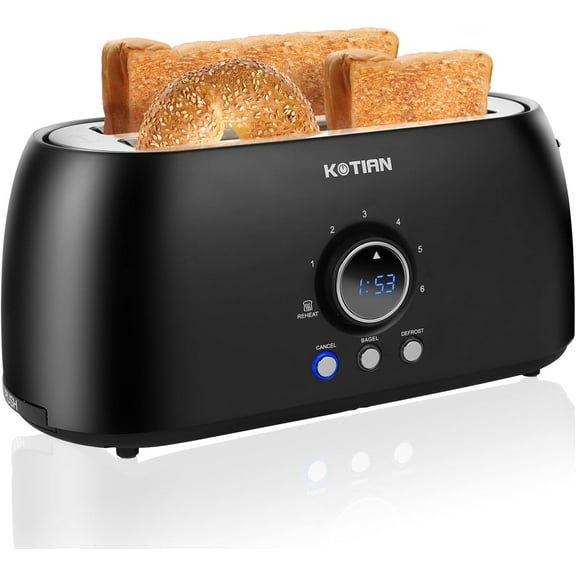 4 Slice Retro Long Slot Toasters with Countdown Timer Stainless Steel Toaster Bagel Defrost Reheat Cancel Functions Extra Wide Slots 6 Toast Settings Removable Crumbs Tray Matte black