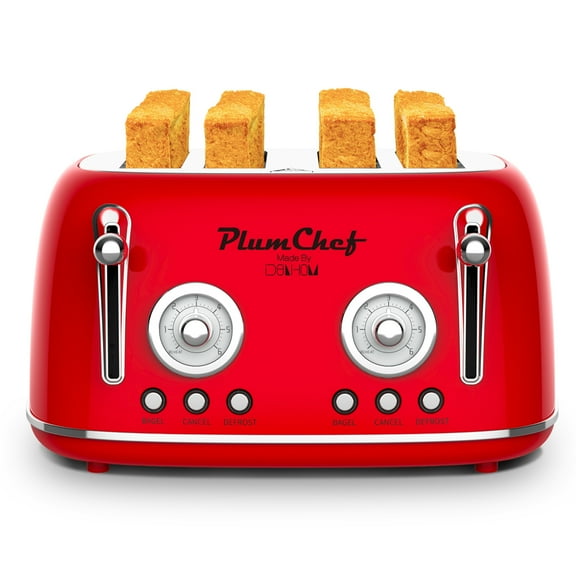 4 Slice Retro Style Toaster, Dual Control Toaster with Warming Rack, 6 Browning Settings, Bagel/Defrost Functions, Removable Crumb Tray, Stainless Steel Housing 1650W, Red