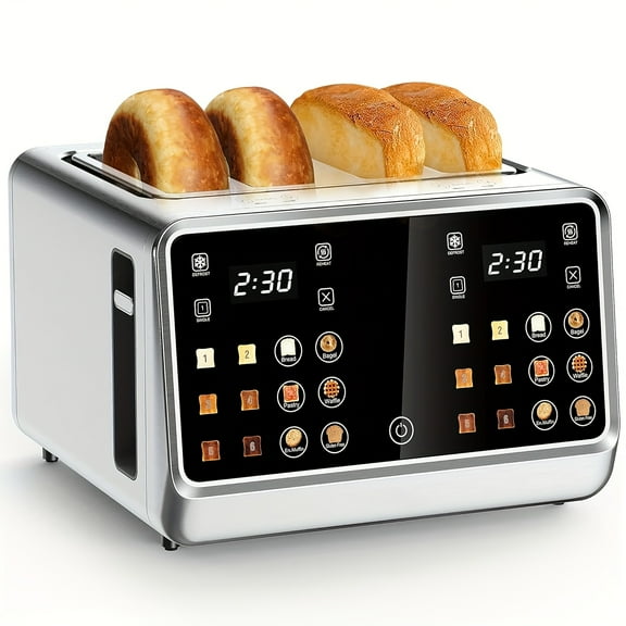 4 Slice Stainless Steel Digital Touch Screen Toaster, Smart Toaster with Dual Independent Control, Single Slot Toasting, Timer Reheat Defrost Functions for Bread Bagels Waffles