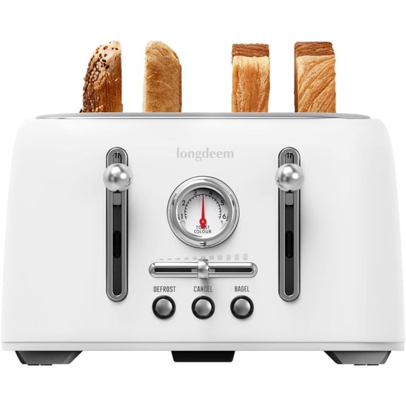 4-Slice Stainless Steel Toaster with 1.6" Wide Slots, Retro Bal Toaster with 6 Browning Levels, Defrost/Bal/Cancel, Removable Crumb Tray, White
