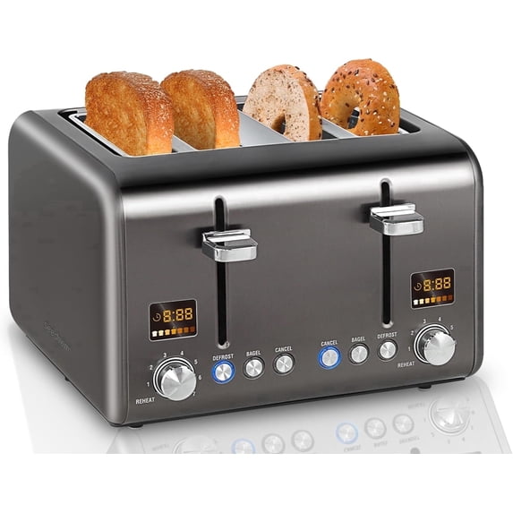4 Slice Stainless Toaster with LCD Display, 7 Shade Settings, Wide Slots, Bagel/Defrost/Reheat Functions, Removable Crumb Tray, 1800W