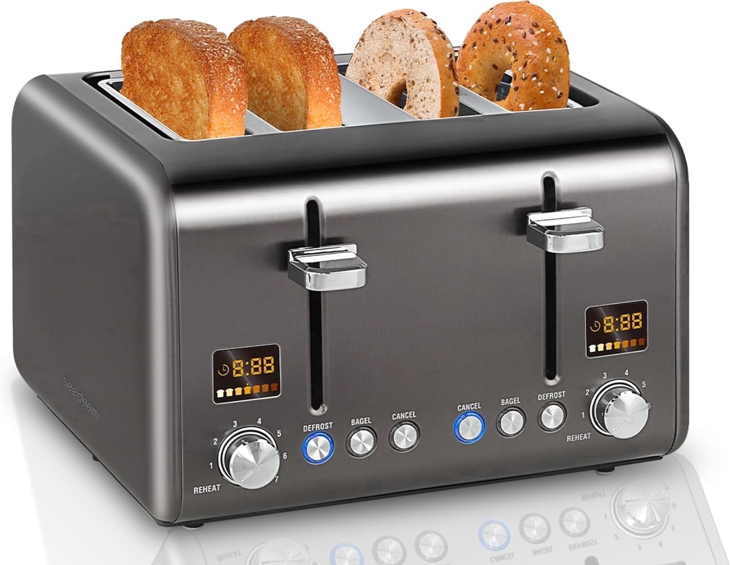 4 Slice Stainless Toaster with LCD Display, 7 Shade Settings, Wide Slots, Bagel/Defrost/Reheat Functions, Removable Crumb Tray, 1800W