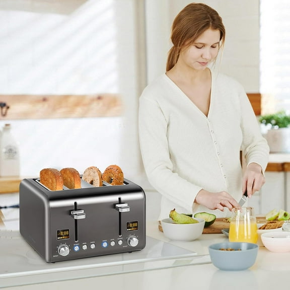 4 Slice Stainless Toaster with LCD Display, 7 Shade Settings, Wide Slots, Bagel/Defrost/Reheat Functions, Removable Crumb Tray, 1800W