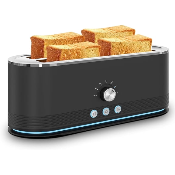 4 Slice Toaster, 1350W Stainless Steel Toaster, 7 Browning Settings, Defrost & Reheat Functions, Removable Crumb Tray, Black