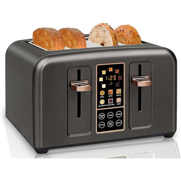 4 Slice Toaster , Brushed Stainless Toaster & Touch Control, LCD Display, Timer, Defrost, Reheat, 7 Shade Settings, Removable Crumb Tray, 1800W, Black