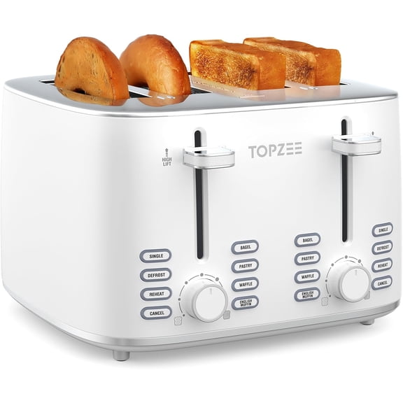 4 Slice Toaster with Dual Independent Control, 1.5 Wide Slots for Bagel Muffin Waffle Gluten Free Bread, 7 Shade Settings, Defrost & Reheat, Stainless Steel, Easy Clean, White