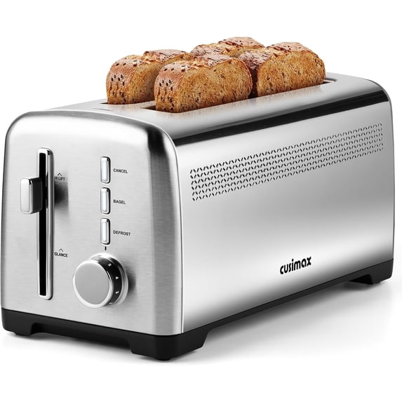 4 Slice Toaster, Extra-Long Slots for Artisan Bread, Quick Glance Function, 9 Shade Settings, Ba l/Defrost/Cancel Functions, Removable Crumb Tray, Cool-Touch Stainless Steel Body