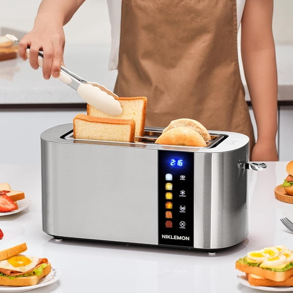 4 Slice Toaster, Full Stainless Steel Toaster with LED Display, Touch Buttons with Long Extra Wide Slots, Bagel, Defrost, Reheat, Cancel Functions, Removable Crumb Tray, 1300W