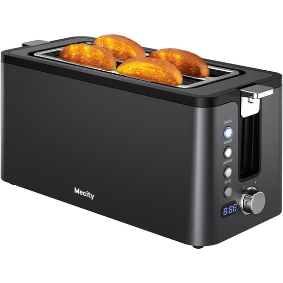4 Slice Toaster, Long Slot Toaster with Timer, Bagel, Defrost, Reheat, Cancel Functions, Warming Rack, Removable Tray, 6 Browning Settings, Extra Wide Slots, Stainless Steel, 1300W