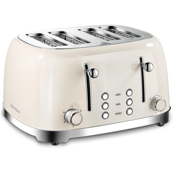 4 Slice Toaster Retro Stainless Steel with Bagel Defrost Cancel Function, 6 Browning Settings, Extre Wide Slot and Removable Crumb Tray, Cream, ST033