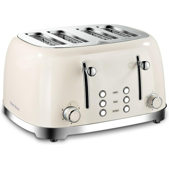 4 Slice Toaster Retro Stainless Steel with Bal Defrost Cancel Function, 6 Browning Settings, Extre Wide Slot and Removable Crumb Tray, Cream, ST033