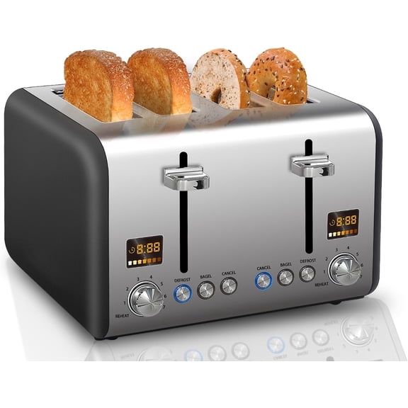 4 Slice Toaster Touch Screen Control,7 Shade Settings,1.4'' Wide Slots Toaster with Bagel/Defrost/Reheat Functions,1800W,Black