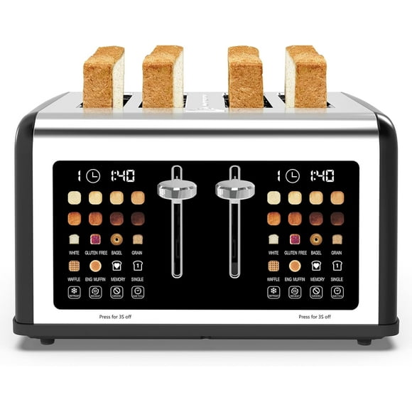 4 Slice Toaster Touch Screen, Stainless Steel Toasters Digital Timer, Dual Control Panel Toasters, 8 Shade Settings 6 Bread Types for Bagel, Cancel, Defrost 1650W Black