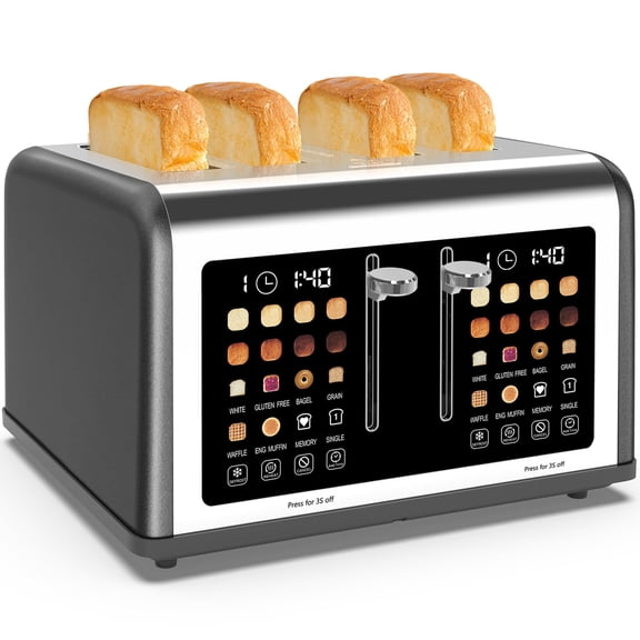 4 Slice Toaster Touch Screen, Stainless Steel Toasters Digital Timer, Dual Control Panel Toasters, 8 Shade Settings 6 Bread Types for Bagel, Cancel, Defrost 1650W Grey
