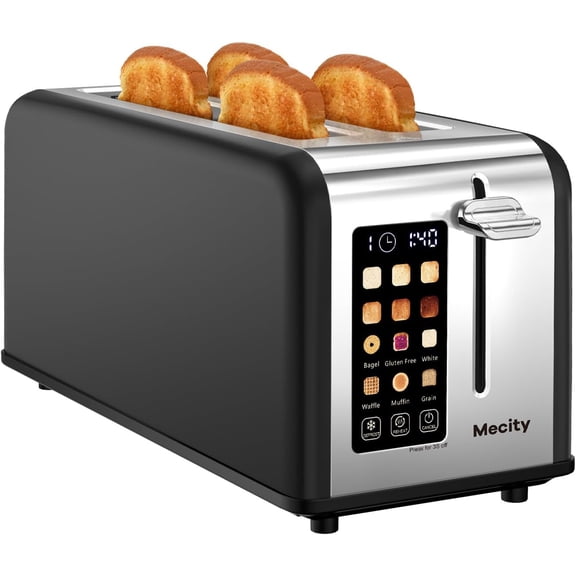 4 Slice Toaster with Touchscreen Long Slot, Stainless Steel Smart Bread Toaster for Bagel Muffin Waffle Gluten Free Breads, Timer, Defrost, Reheat, 120V 1400W