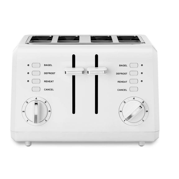 4 Slice Toaster - White, 1800W, Defrost & Reheat, Automatic Shut-Off, Nonslip Base, Plastic Material