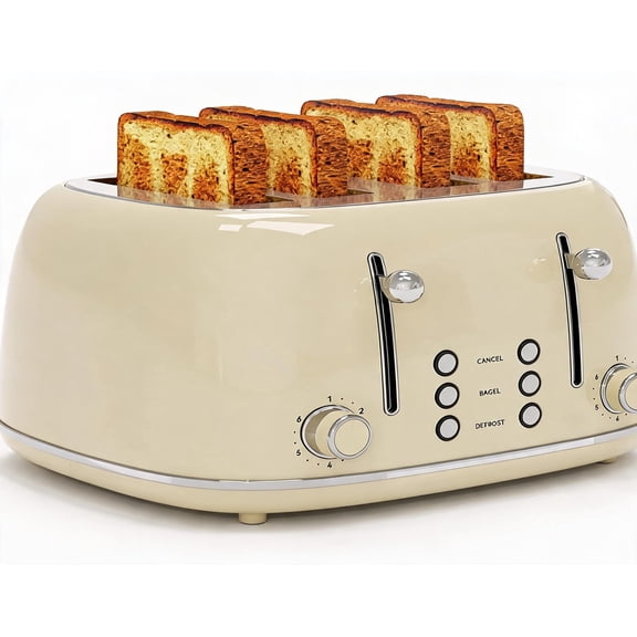 4 Slice Toaster with 6 Shade Settings 1.5 Inch Wide Slots Cancel Defrost Reheat Dual Control Removable Crumb Tray Cream