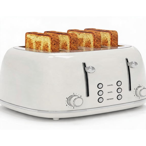 4 Slice Toaster with 6 Shade Settings 1.5 Inch Wide Slots Cancel Defrost Reheat Functions Dual Independent Controls Removable Crumb Tray White