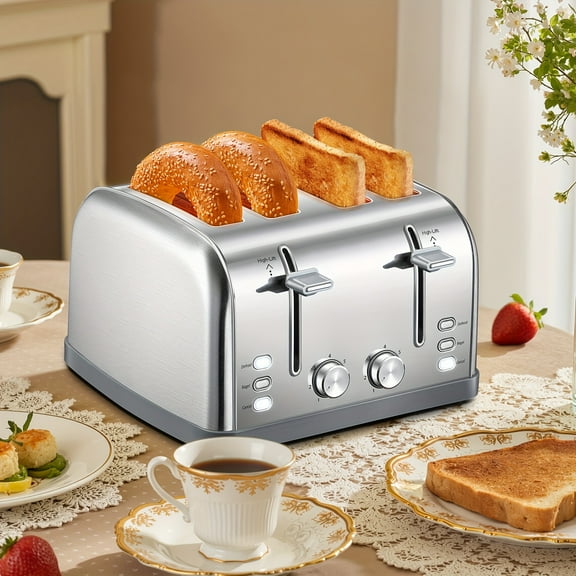 4-Slice Toaster with 7 Shade Settings & Warming Rack, Extra-Wide Slots, Defrost/ Bagel/ Cancel Functions, Removable Crumb Tray, Stainless Steel