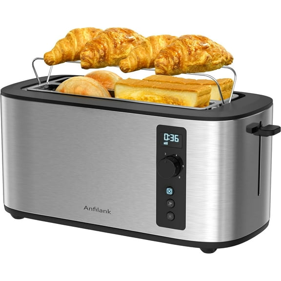 4 Slice Toaster with Countdown Timer, Extra Wide Slots for Bagels and Waffles, 6 Browning Settings, Removable Crumb Tray, Stainless Steel