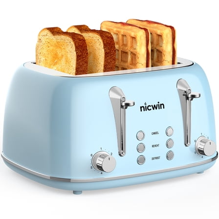 NICWIN 4 Slice Toaster, Extra Wide Slots Bread Toaster, Toast Shade Selector, Defrost & Reheat Functions for Kitchen Apartment Essentials, Blue