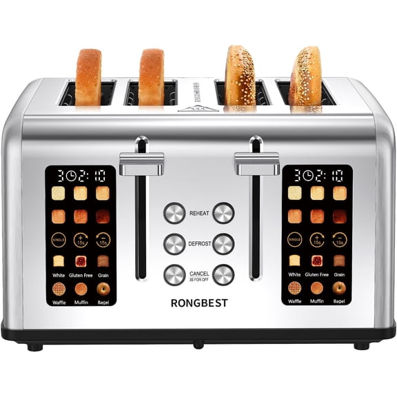 4 Slice Touch Screen Toaster, Easy-to-Use Digital Stainless Steel Toaster with Wide Slots, Reheat Defrost Cancel, Removable Crumb Tray, Silver