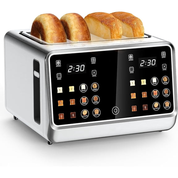 4 Slice Touch Screen Toaster with LCD Display Stainless Steel Digital Toasters 6 Bread Types& Shade Settings Smart Extra Wide Slots With Bal Cancel Defrost Reheat Functions