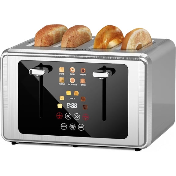 4 Slice Touch Screen Toaster, Stainless Steel Toasters Digital Timer, Dual Control Panel Toasters, 6 Shade Settings & 6 Bread Types, Smart Wide Slots, Bagel, Cancel, Defrost