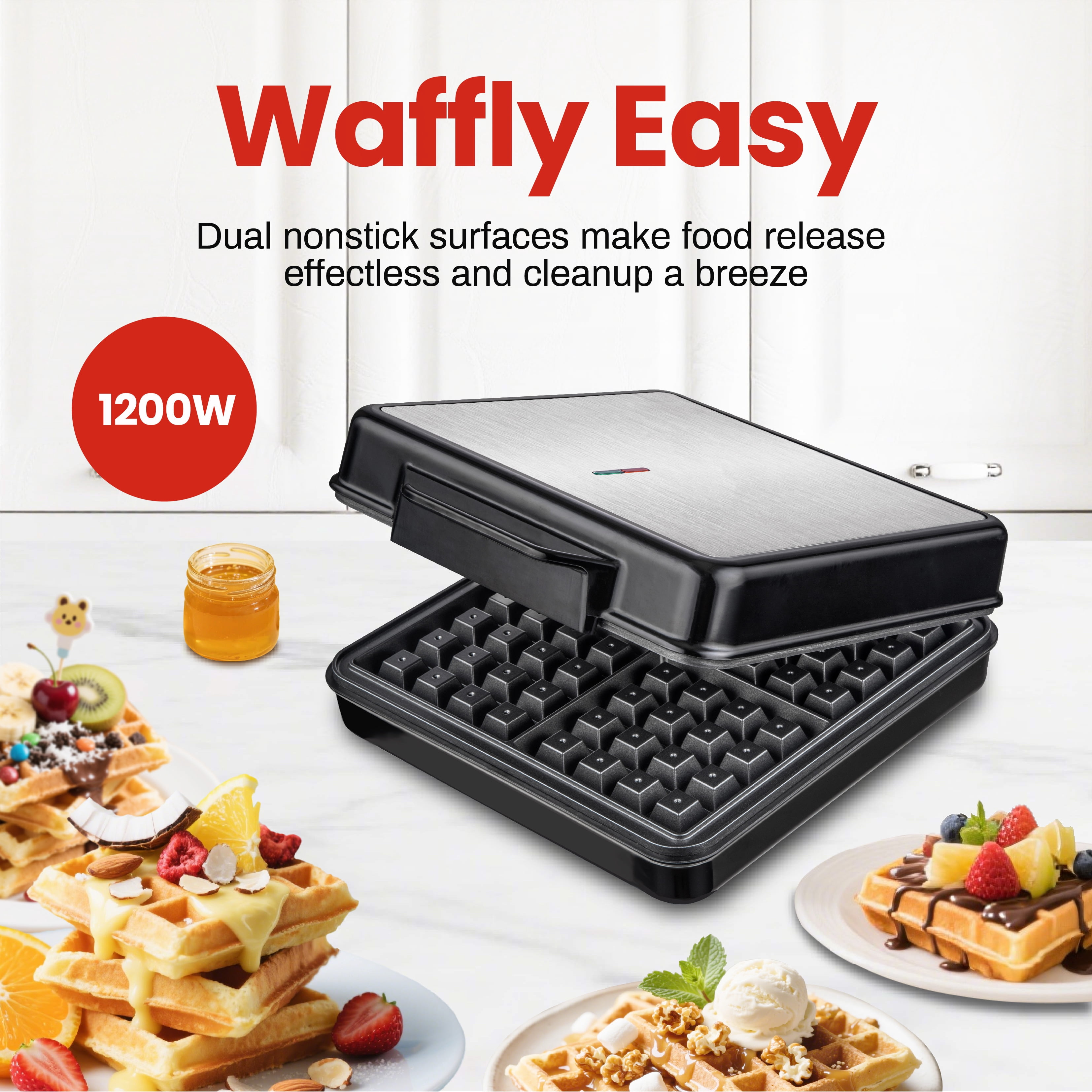 4 Slice Waffle Maker with Easy to Clean, Stainless Steel, Black & Silver, 1200W