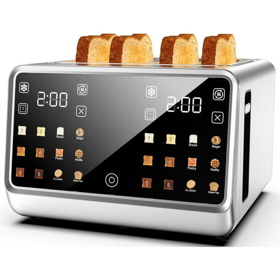 4 Slice Wide Slot Smart Toaster  Dual Digital TouchScreen & Independent Control for Family | 1800W Stainless Steel for 6 Bread Types & Toast Settings | Defrost Reheat & Single-Slice Modes