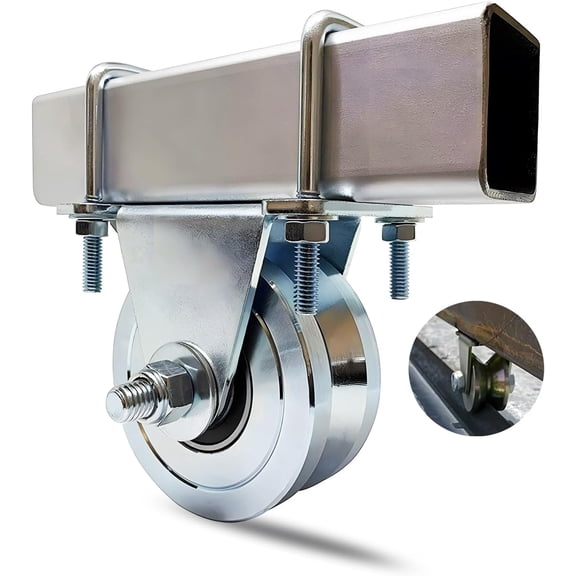 4 Slide Gate Wheel with V-Groove Up to 3000lbs Capacity Heavy Duty Dual Bearing Bolted External Mount Bracket Cradle Solid Steel for Inverted V-Shape Sliding Rolling Track Gates
